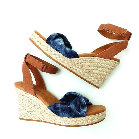 Toms Tan Blue Tie Dye Wedge Heel Espadrille Ankle Strap Open Toe Sandals Size 9 - Picture 5 of 7